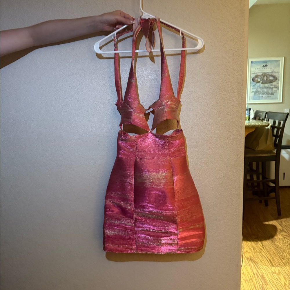 Christian Cowan Pink Metallic Cutout Halter Mini Dress - Picture 4 of 6